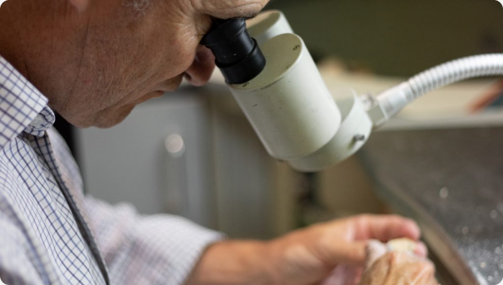 an old man inspect through microscope